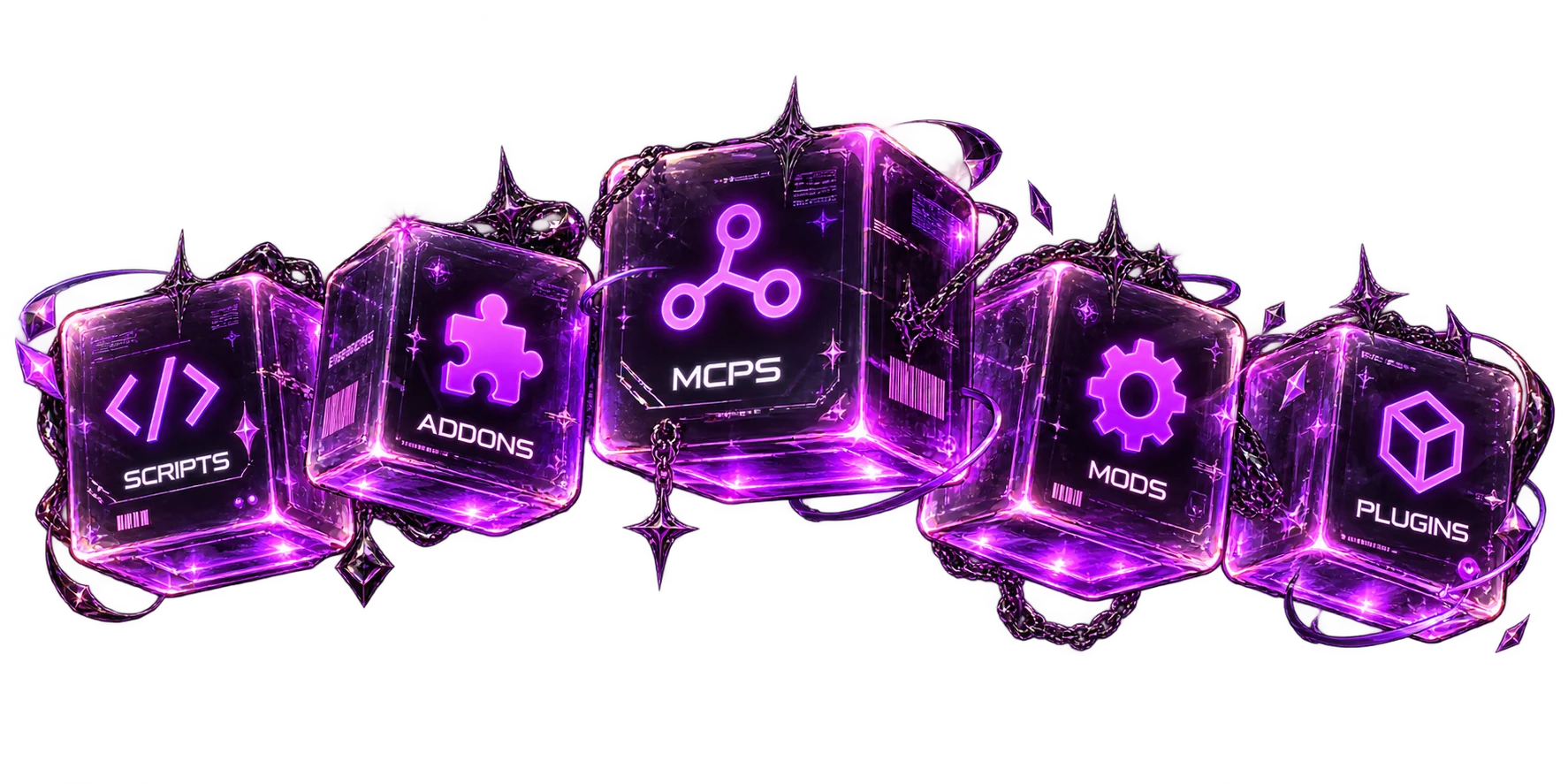 Cubos de cristal violeta con símbolos de scripts, add-ons, MCPs, mods y plugins