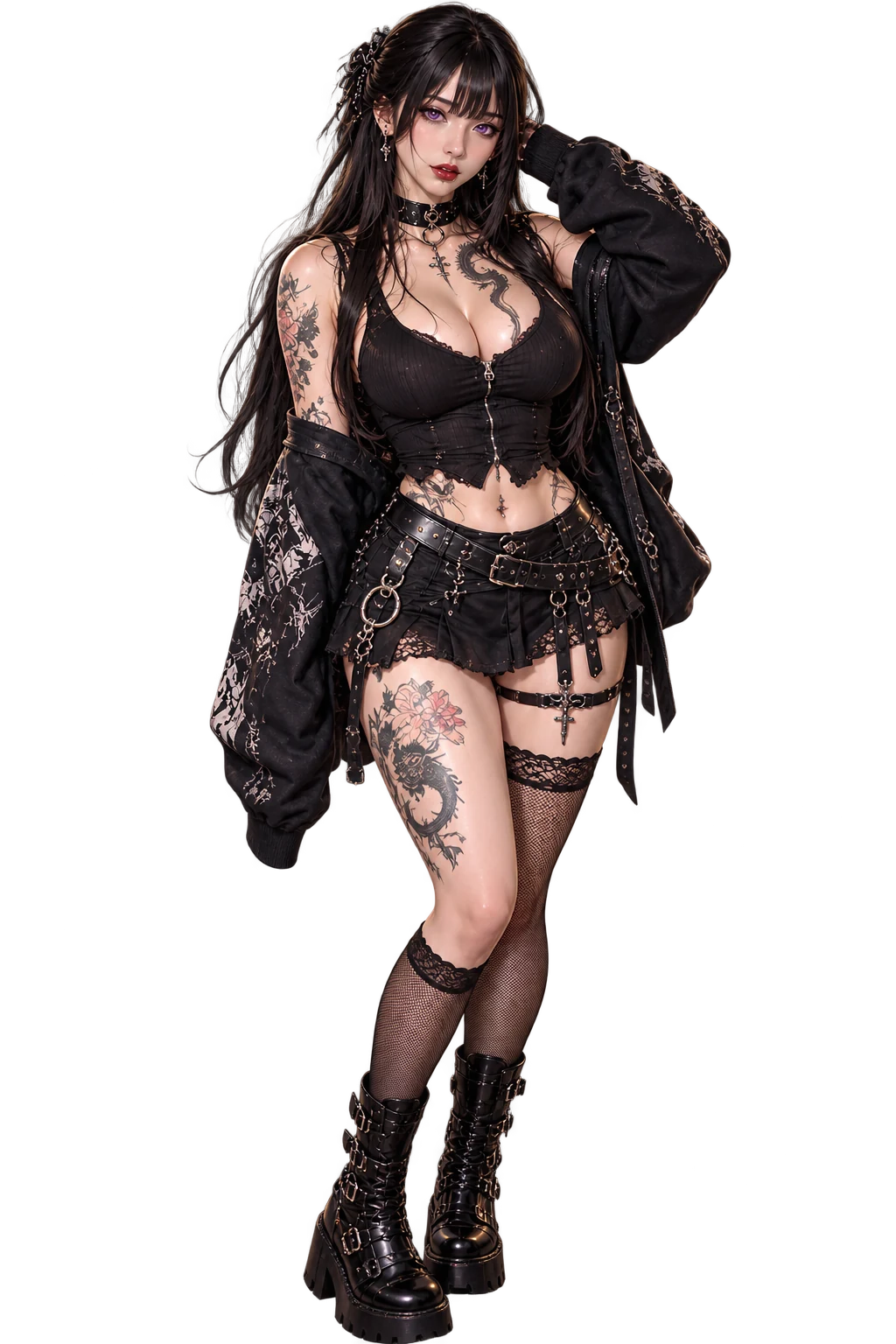 Nyx Vesper con atuendo negro gótico y ojos violetas